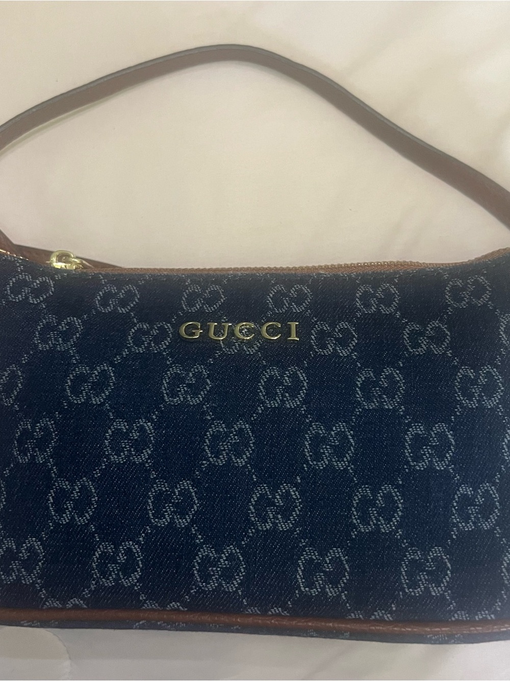 Gucci Navy GG Denim Shoulder Bag with Brown Trim
